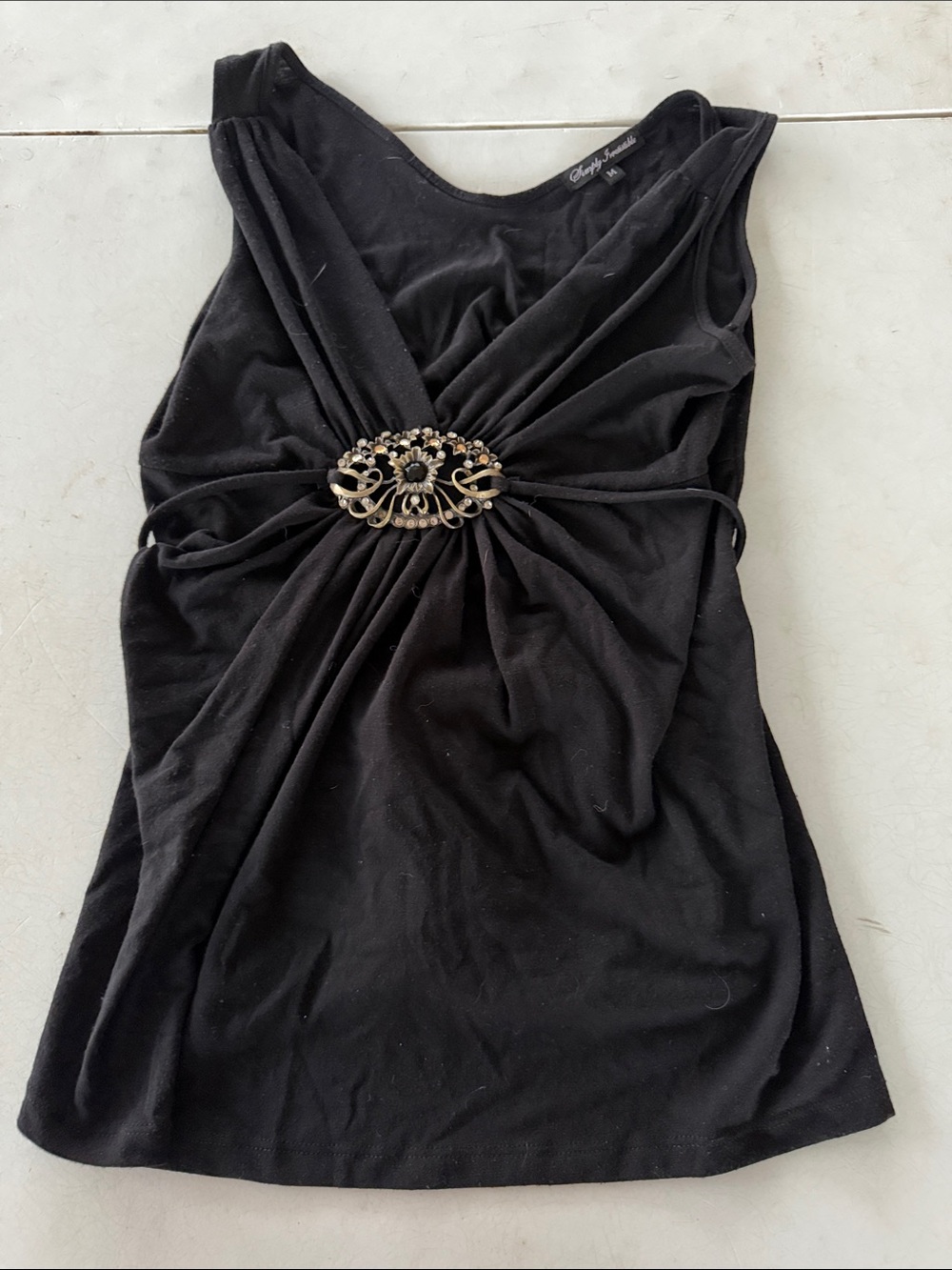 Simply Irresistible Black Tank Top with Decorative Gold-Tone Brooch